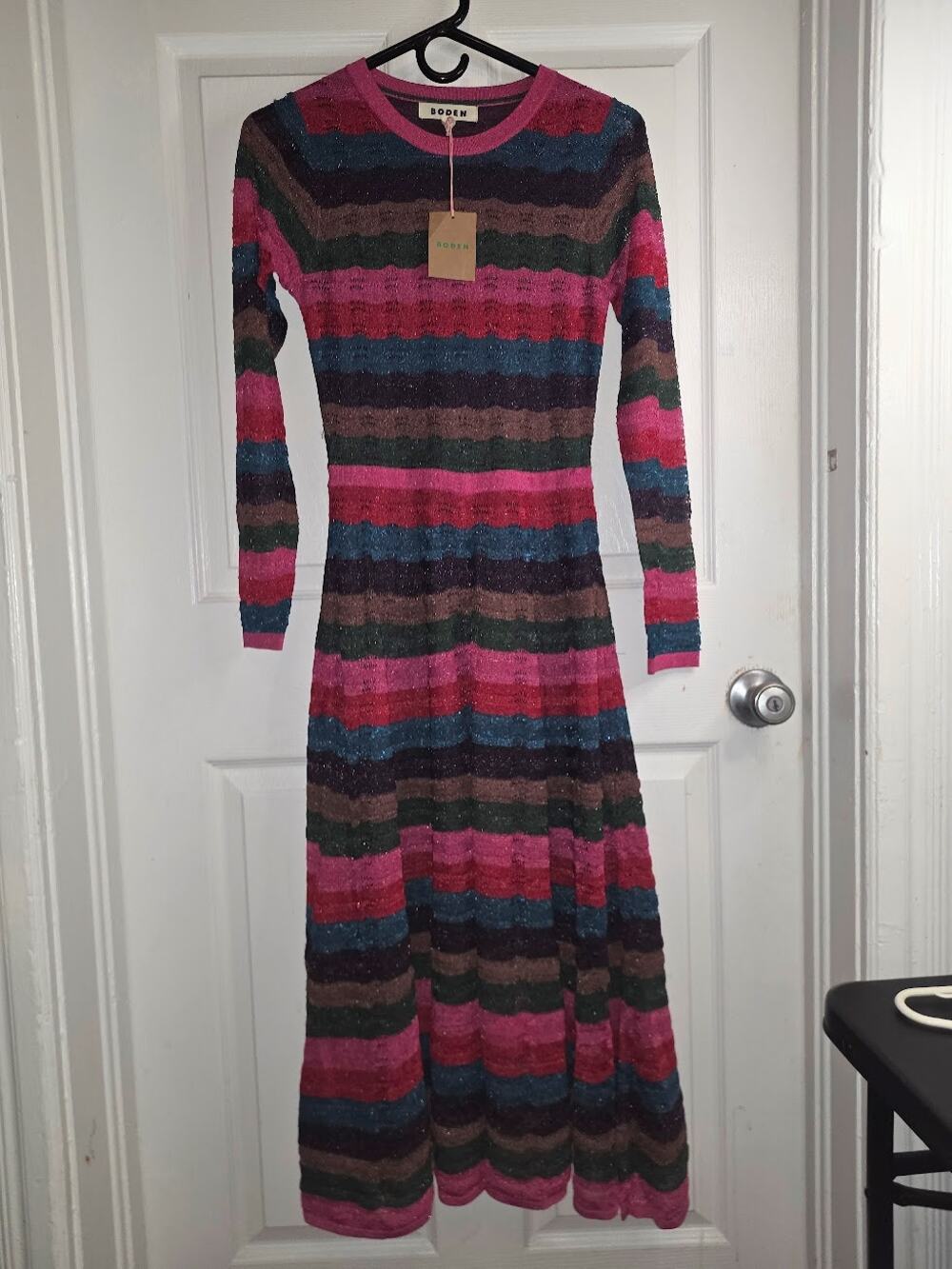 Boden Womens Lurex Metallic Striped Knit Maxi Dress Long Sleeve Multi Color NEW
